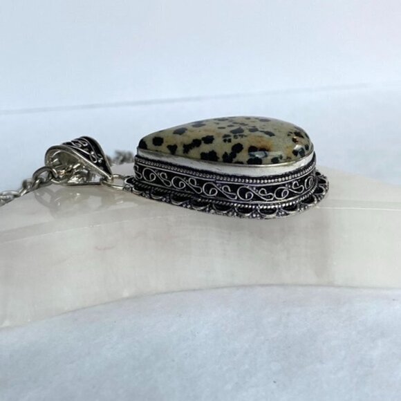 Artisan Silver Plated Bezel Set 2.46" Teardrop Dalmatian Jasper Pendant Necklace - Picture 9 of 16